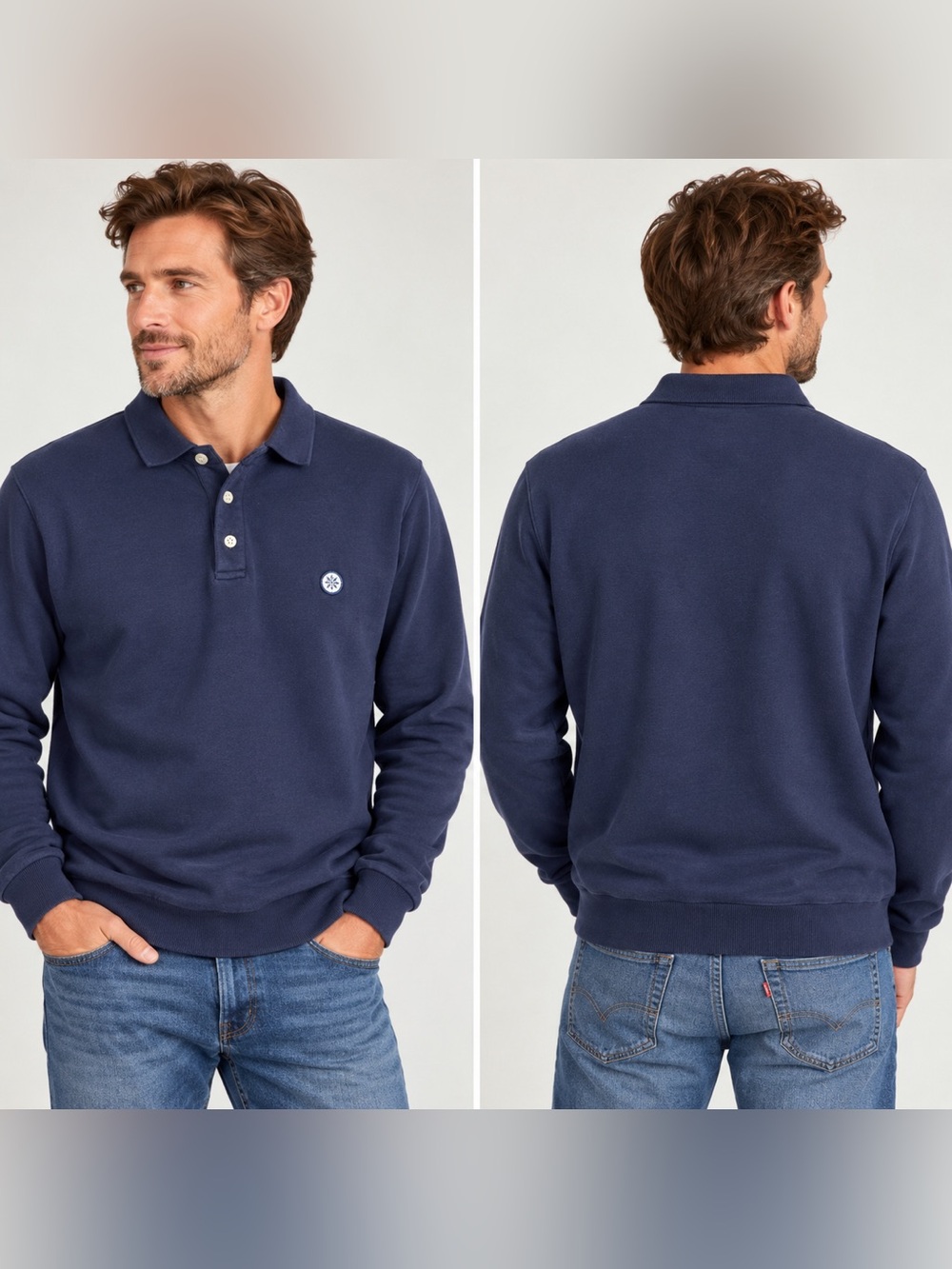 Champlain Navy Long Sleeve Polo Sweatshirt 100% Cotton Size L